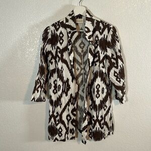 Chico’s Brown & White Ikat Linen Open Front Jacket Size 0 (Small)